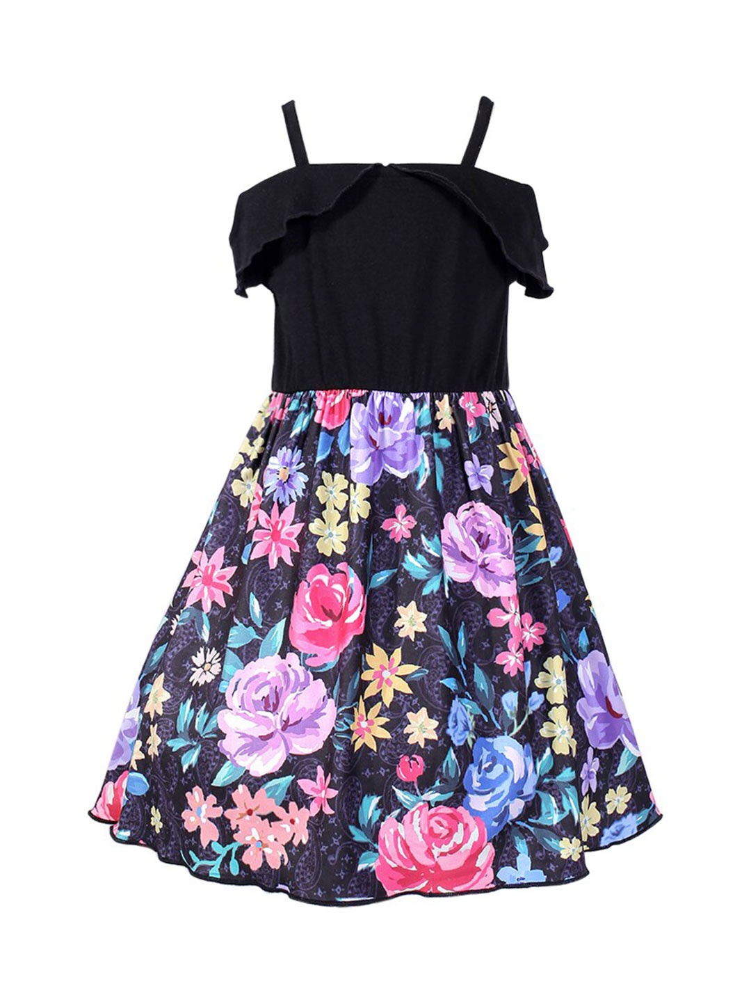 

StyleCast Girls Black & Blue Floral Printed Shoulder Straps Ruffled Fit & Flare Dress