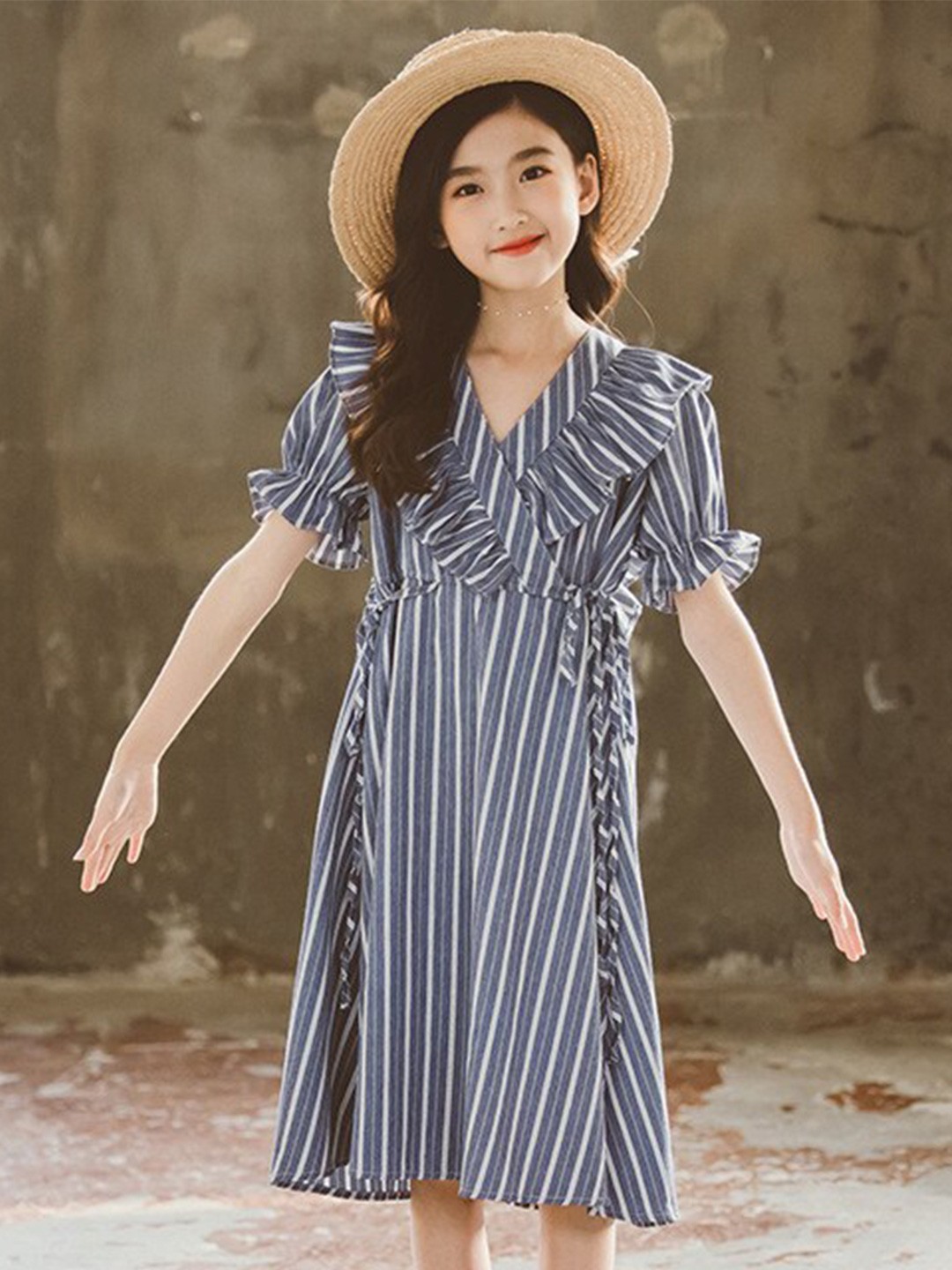 

StyleCast Girls Blue Striped V-Neck Puff Sleeve Ruffles Detail Cotton A-Line Dress