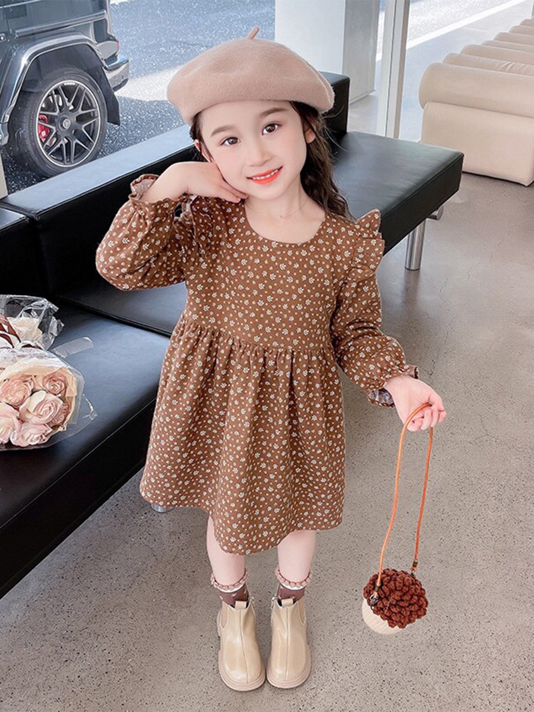 

StyleCast Girls Brown & White Floral Print Ruffled Cotton Fit & Flare Dress