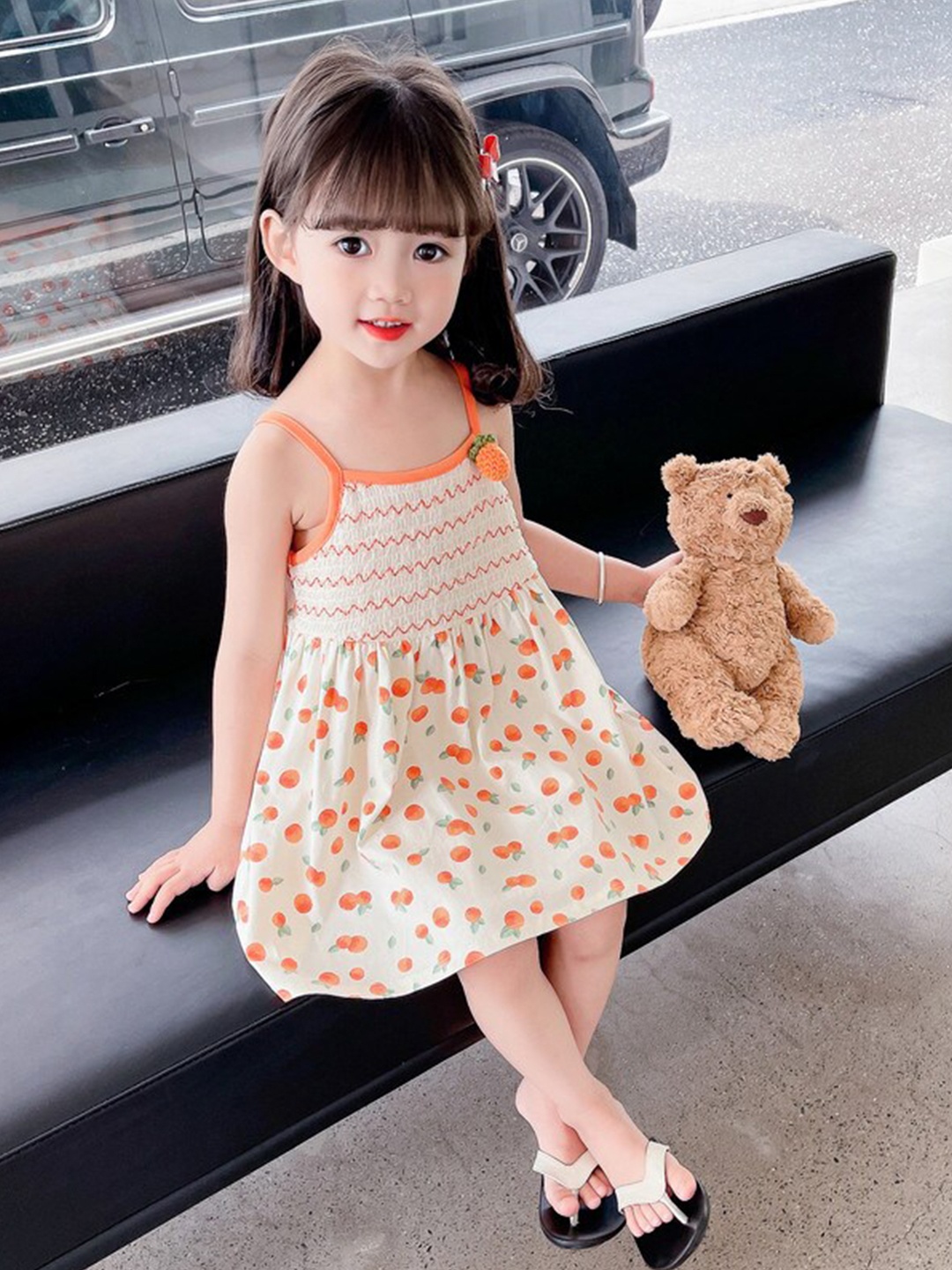 

StyleCast Girls Orange & Off White Conversational Printed A-Line Knee Length Cotton Dress