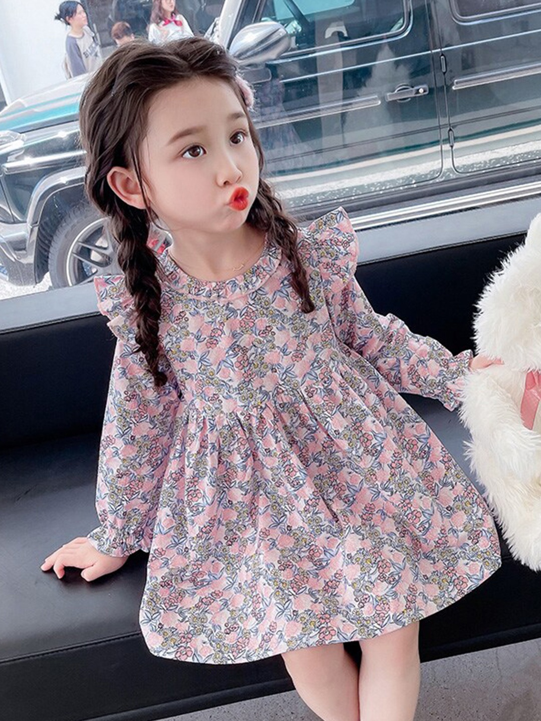 

StyleCast Girls Pink Floral Printed Gathered Ruffles Cotton Fit & Flare Dress