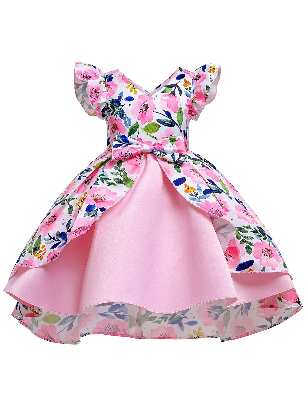 

StyleCast Girls Pink Floral Printed Flutter Sleeves Layered Bow Cotton Fit & Flare Dress
