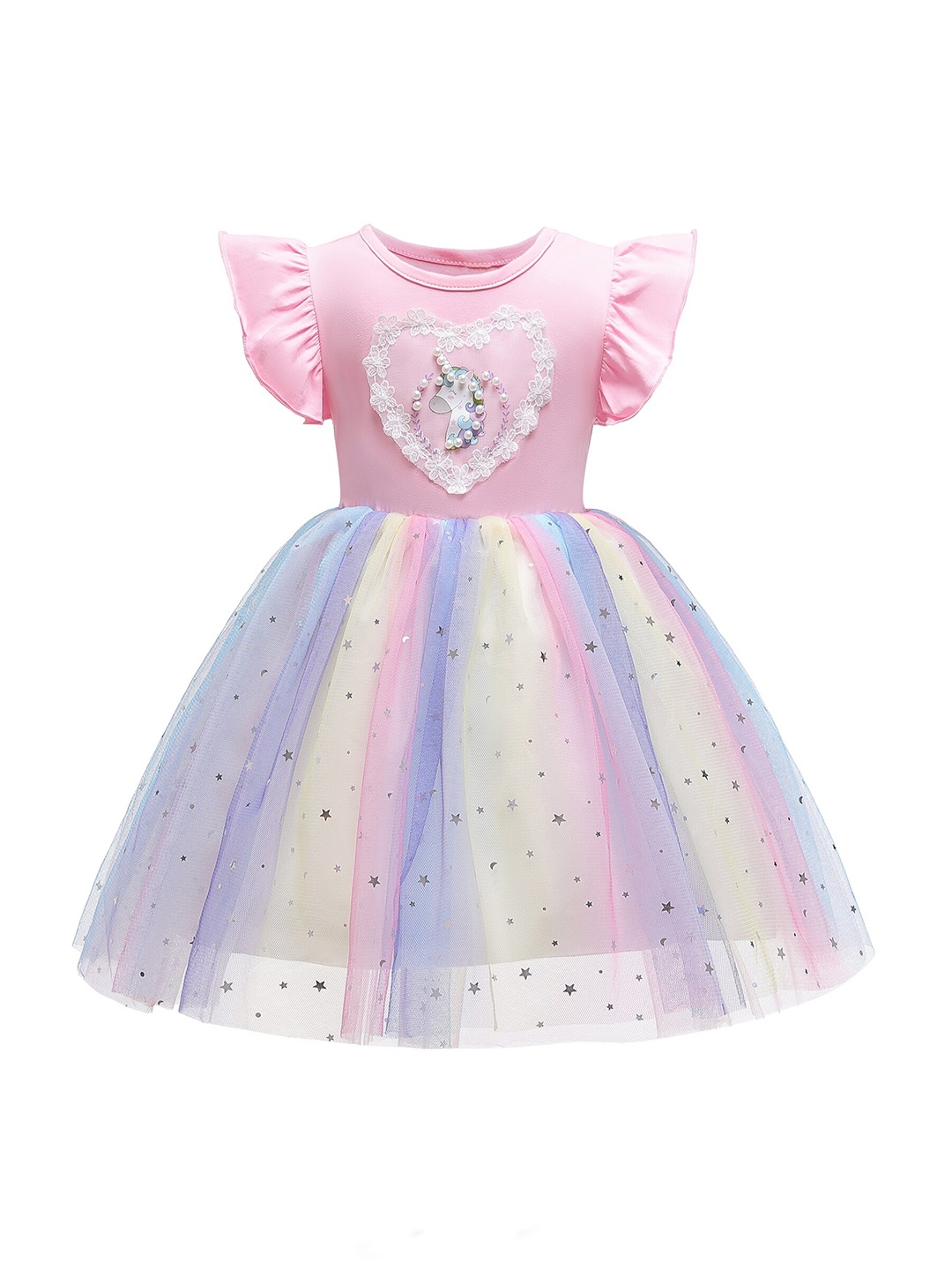 

StyleCast Pink & Blue Embellished Flutter Sleeve Fit & Flare Dress