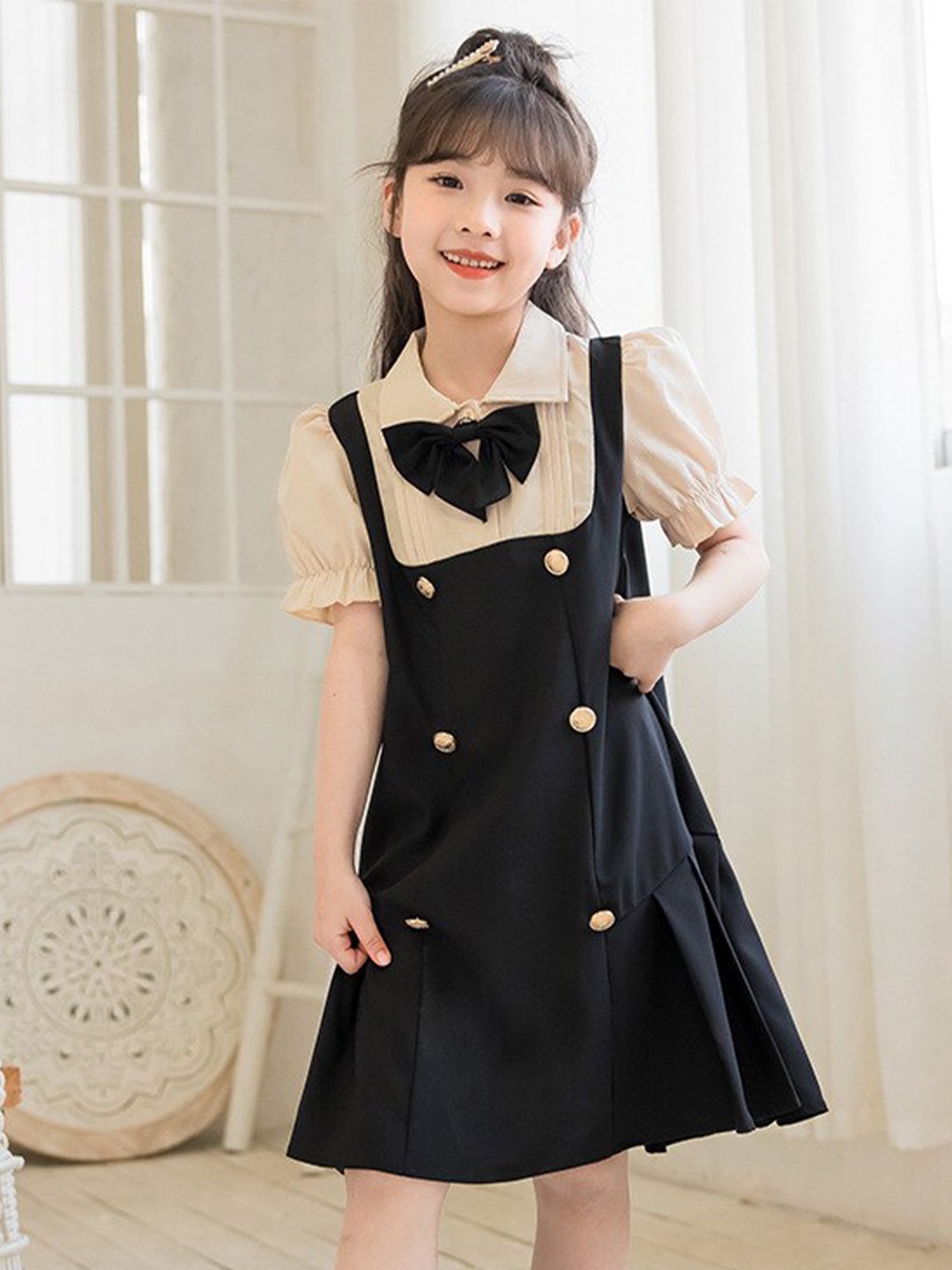 

StyleCast Girls Beige Puff Sleeve Bow Detailed Cotton A-Line Midi Dress