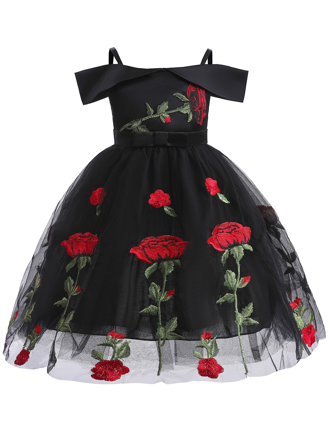 

StyleCast Girls Black Floral Embroidered Shoulder Straps Cap Sleeves Bow Fit & Flare Dress