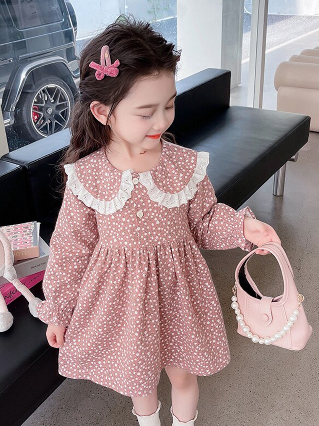 

StyleCast Girls Pink Floral Printed Cotton Peter Pan Collar Fit & Flare Mini Dress