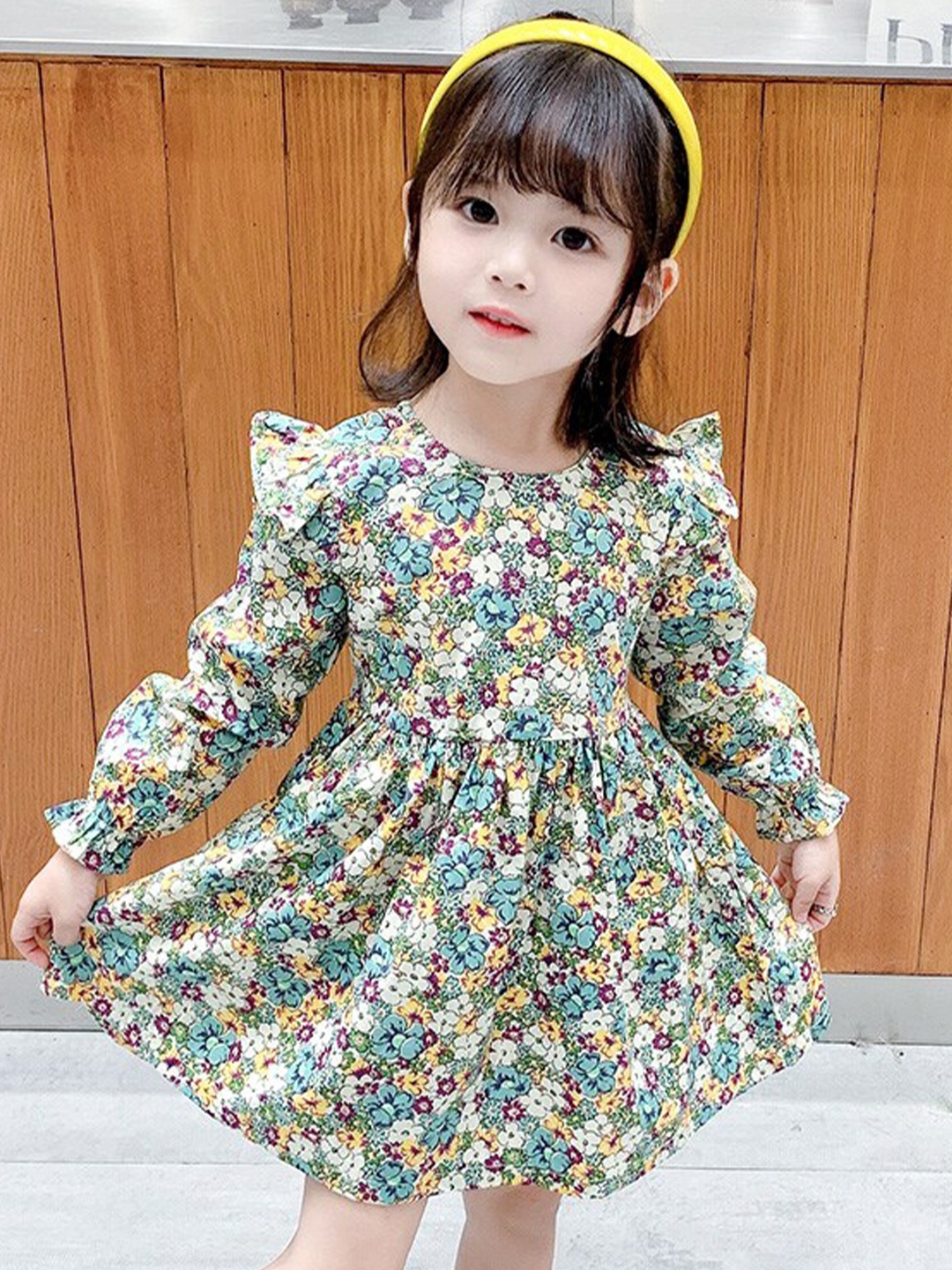 

StyleCast Girls Green Floral Print Puff Sleeve Ruffled Cotton Fit & Flare Dress