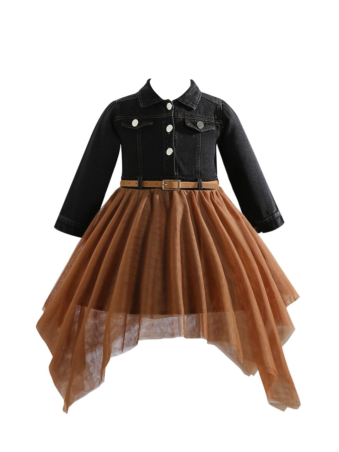 

StyleCast Girls Shirt Collar Denim Balloon Midi Dress, Brown