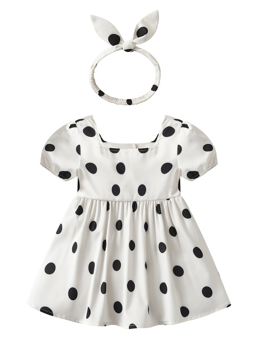 

StyleCast White Polka Dot Printed Puff Sleeve Cotton Fit & Flare Dress With Hairband