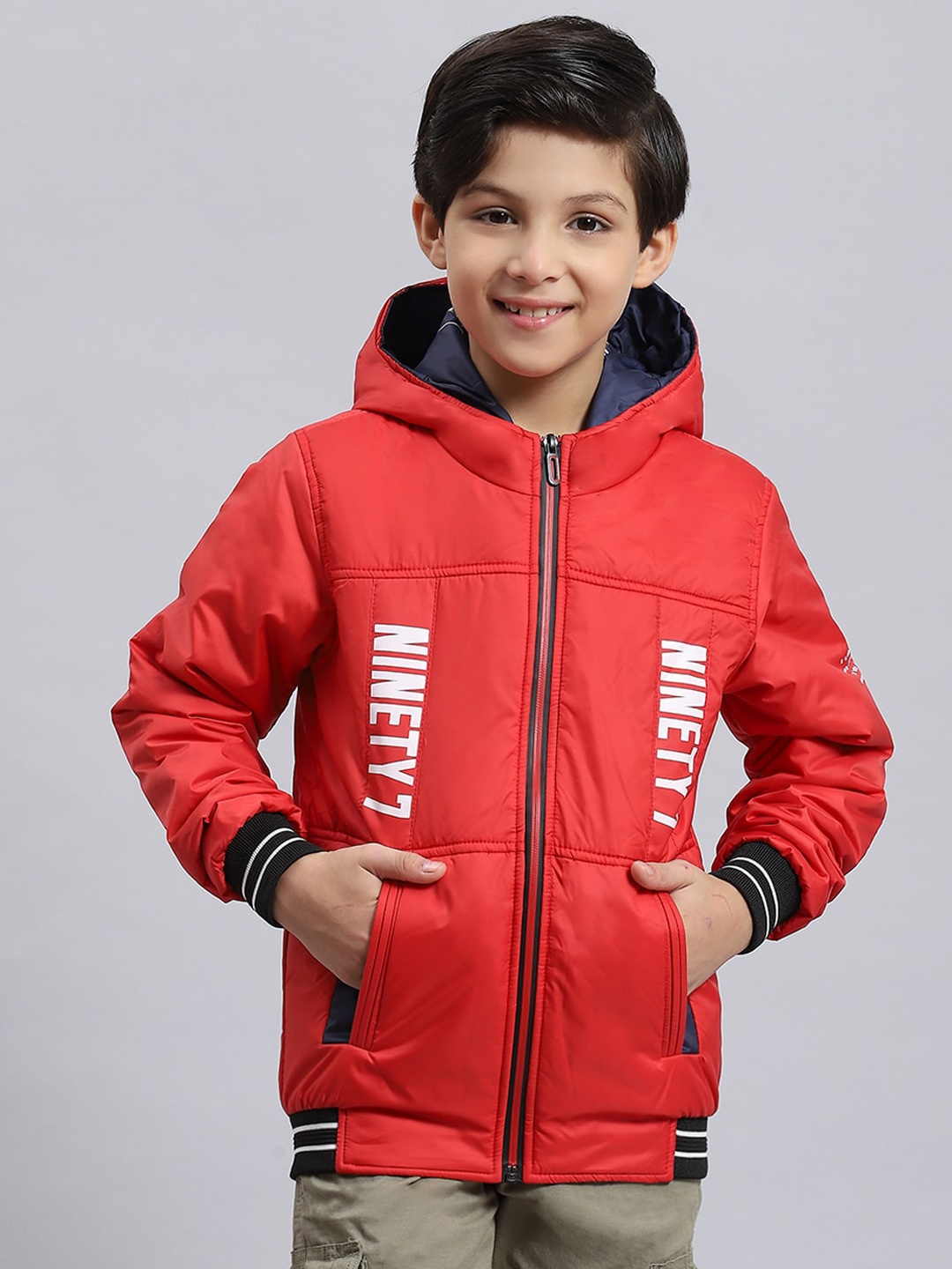 

Monte Carlo Boys Typography Printed Hooded Lightweight Bomber Jacket, Red