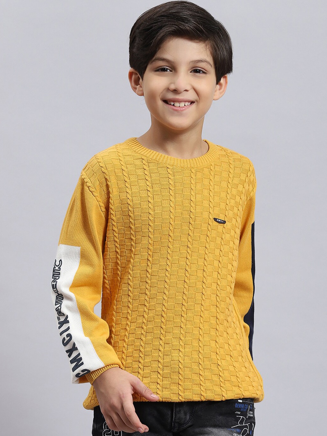 

Monte Carlo Boys Geometric Self Design Woollen Pullover, Mustard