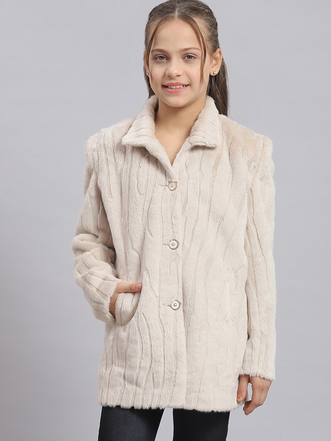 

Monte Carlo Girls Self Design Single-Breasted Longline Overcoat, Beige