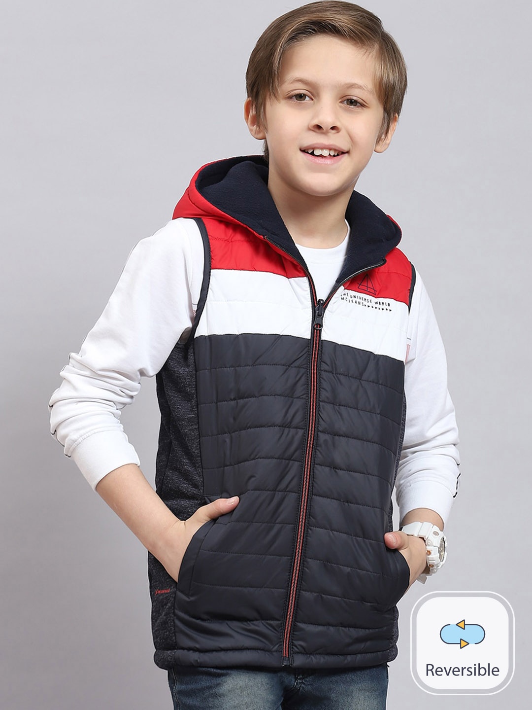 

Monte Carlo Boys Colourblocked Hooded Lightweight Cotton Puffer Jacket, Navy blue