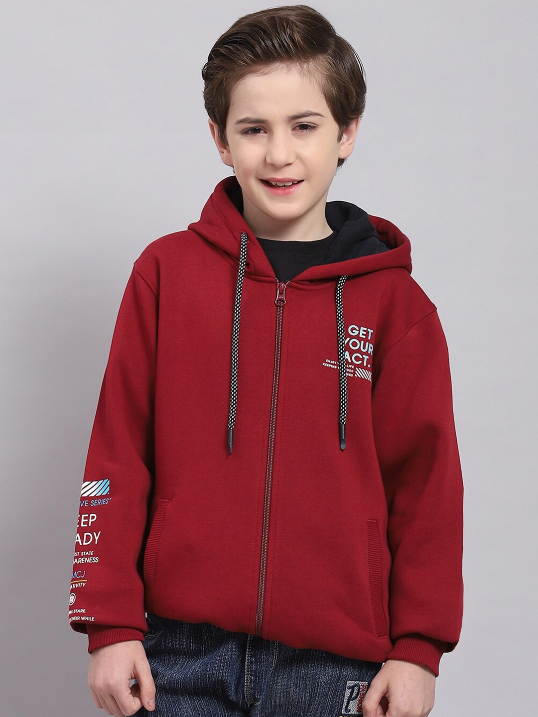 

Monte Carlo Boys Typography Printed Hooded Front-Open Sweatshirt, Maroon