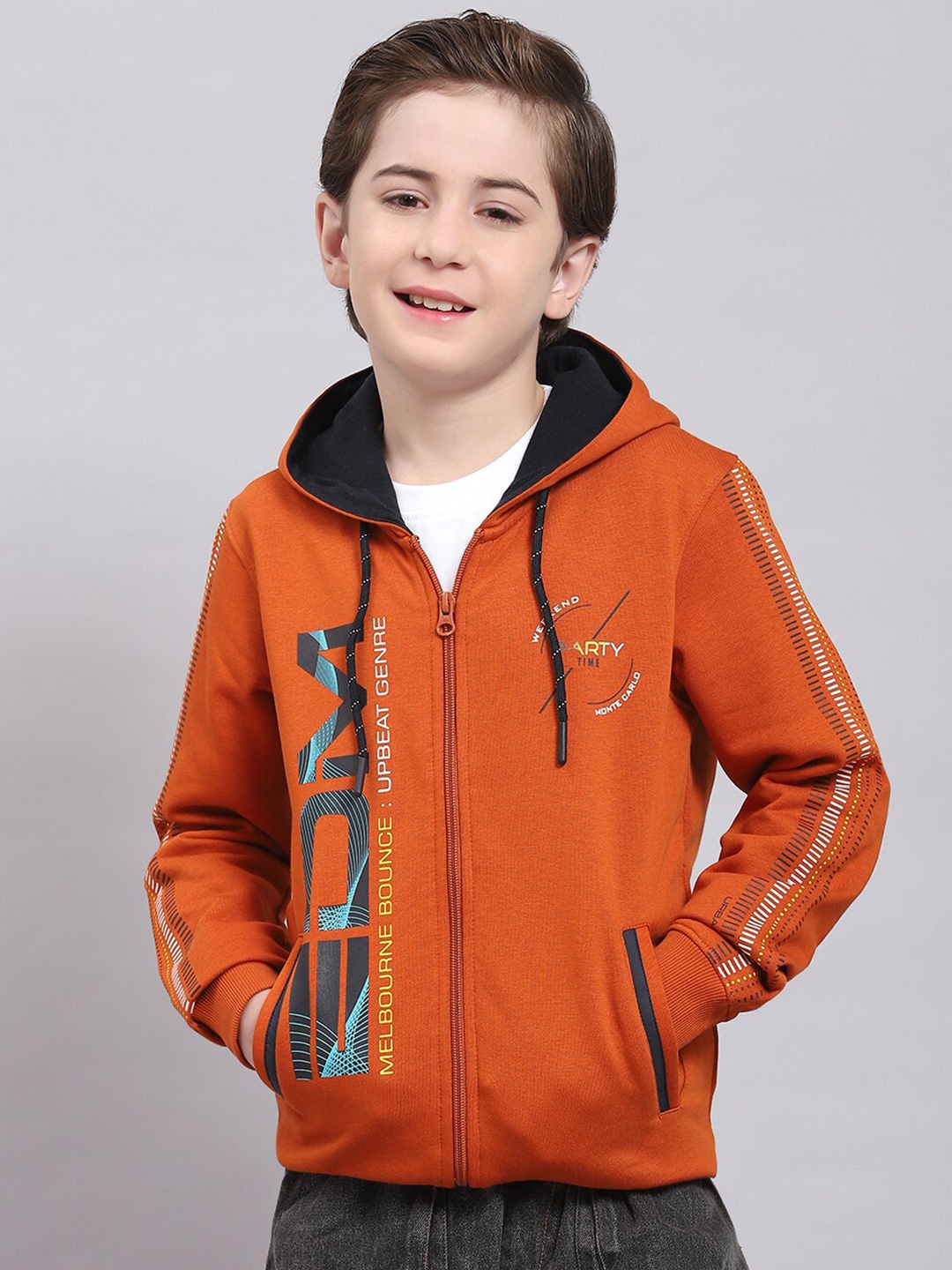 

Monte Carlo Boys Typography Printed Hooded Front-Open Sweatshirt, Brown