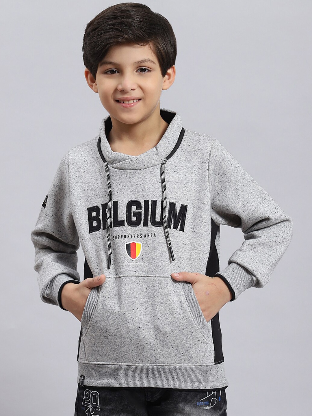 

Monte Carlo Boys Typography Printed Hooded Pullover, Grey melange