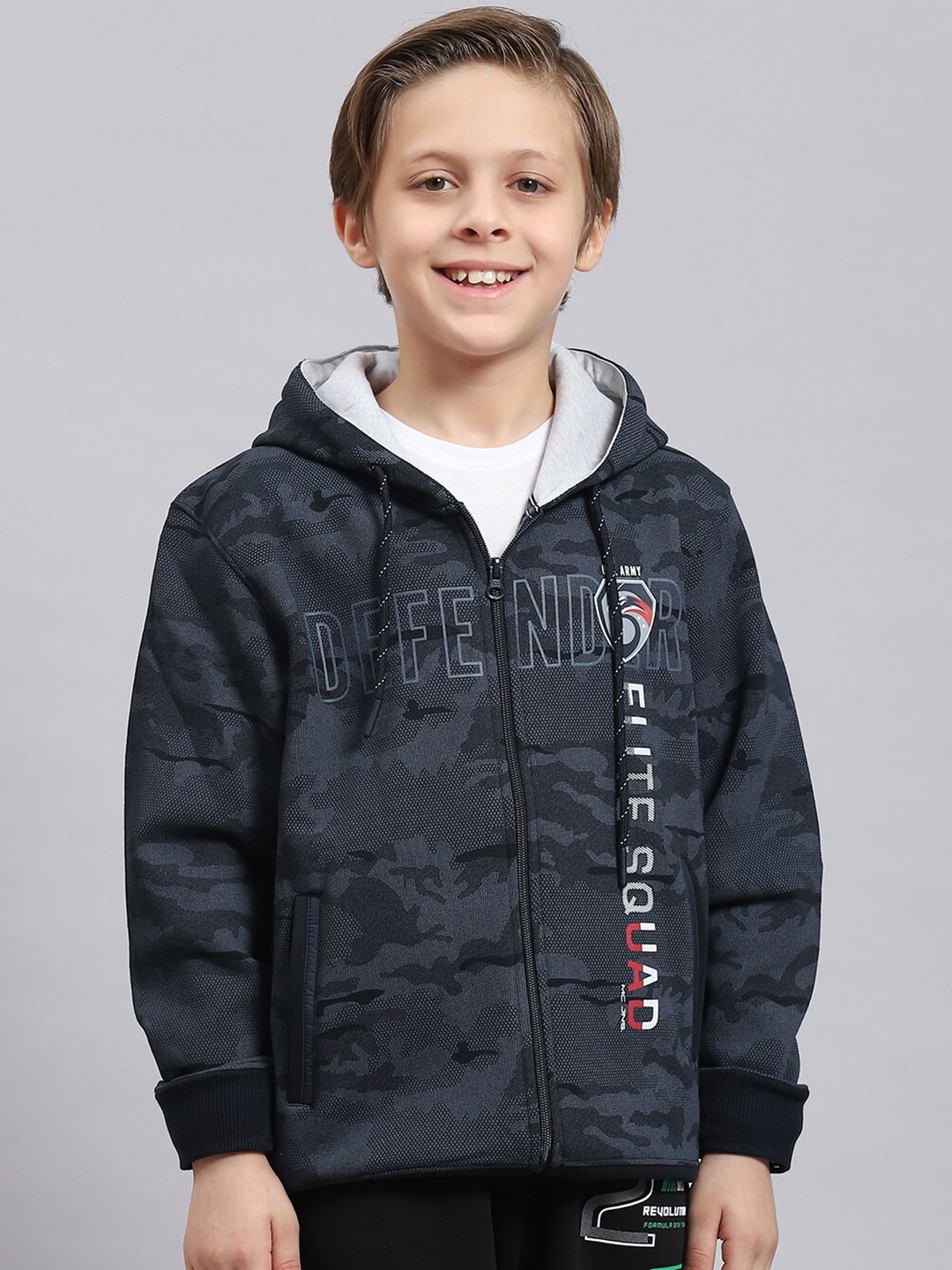 

Monte Carlo Boys Typography Printed Hooded Front-Open Sweatshirt, Navy blue