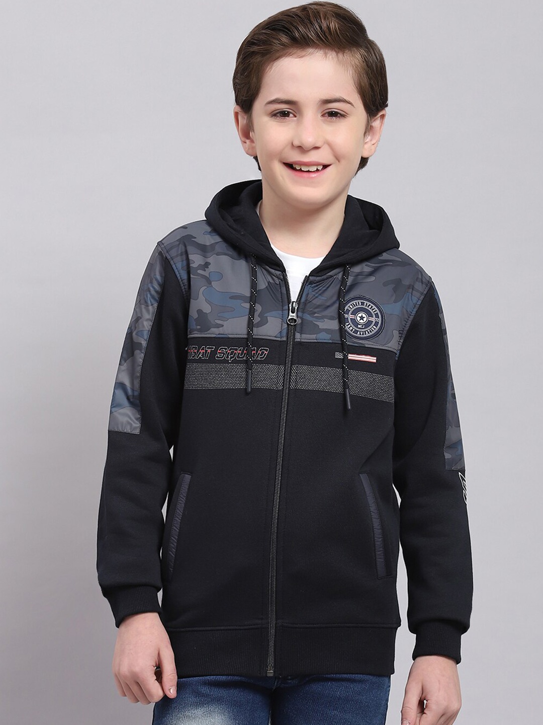 

Monte Carlo Boys Camouflage Printed Hooded Front-Open Sweatshirt, Navy blue