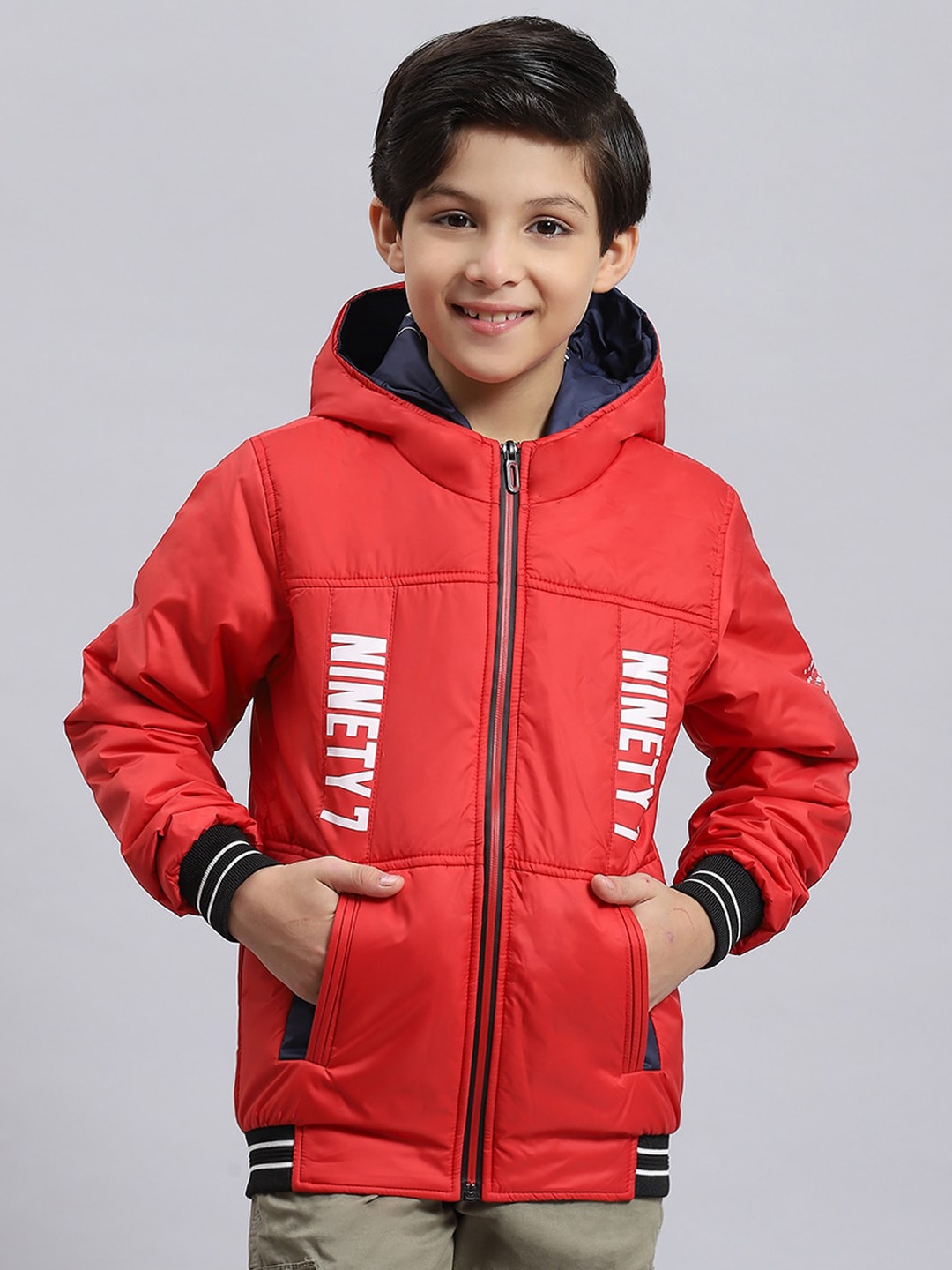 

Monte Carlo Boys Typography Printed Lightweight Open Front Jacket, Red