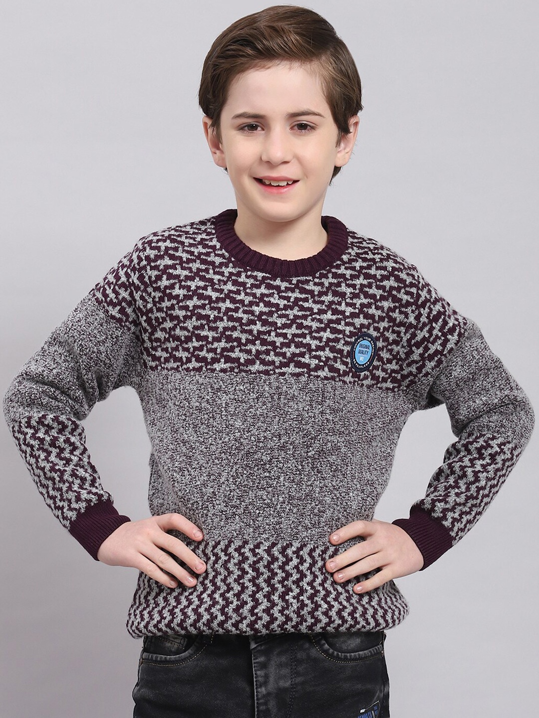 

Monte Carlo Boys Abstract Self Design Woollen Pullover, Grey