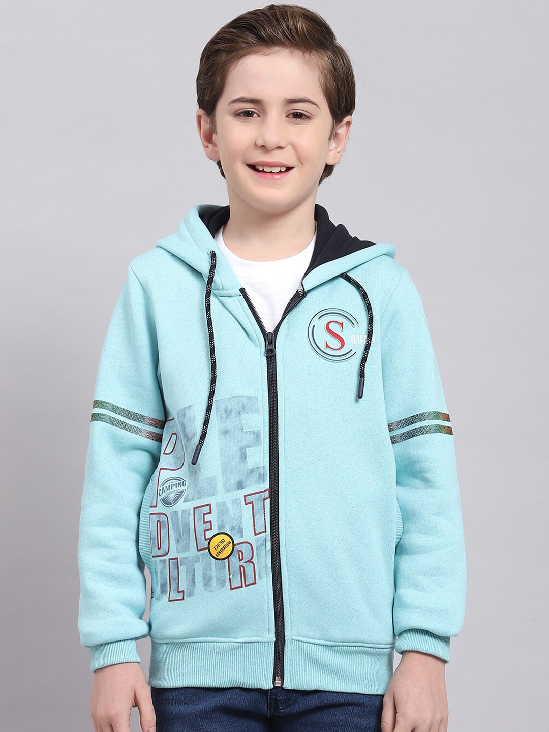 

Monte Carlo Boys Typography Printed Hooded Front-Open Sweatshirt, Turquoise blue