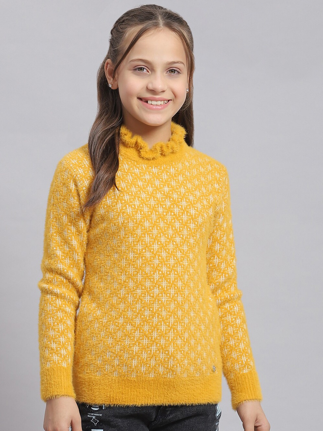 

Monte Carlo Girls Geometric Self Design Pullover Sweater, Mustard
