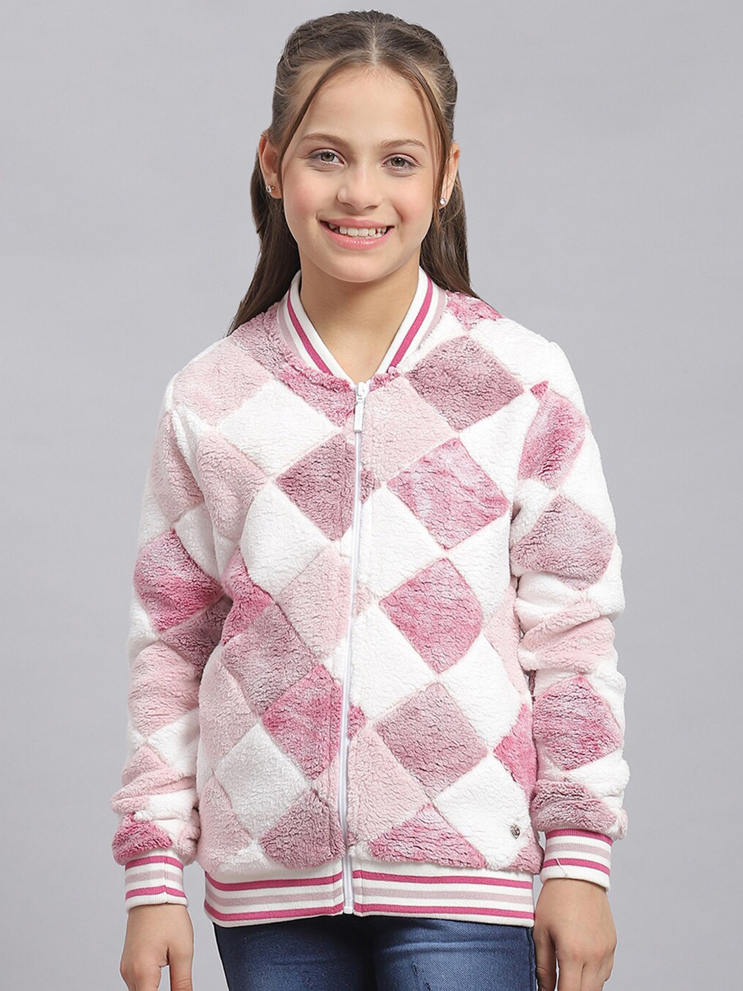 

Monte Carlo Girls Stand Collar Self Design Front-Open Sweatshirt, Purple