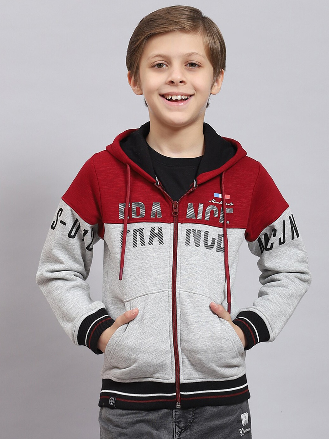 

Monte Carlo Boys Colourblocked Hooded Front-Open Sweatshirt, Grey melange