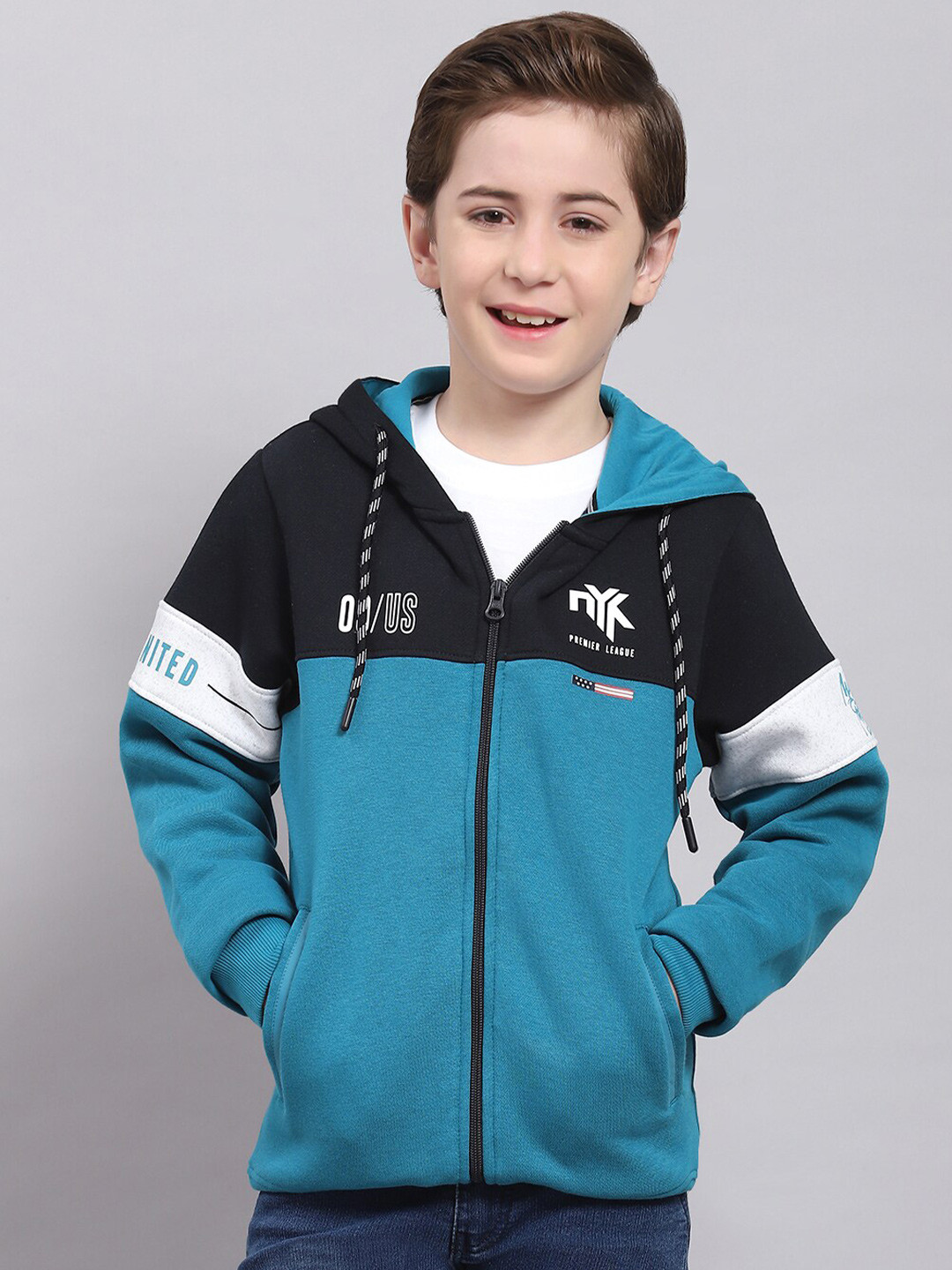 

Monte Carlo Boys Printed Hooded Front-Open Sweatshirt, Teal