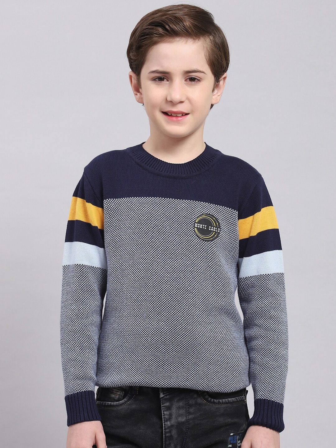 

Monte Carlo Boys Geometric Self Design Pure Cotton Pullover Sweater, Navy blue