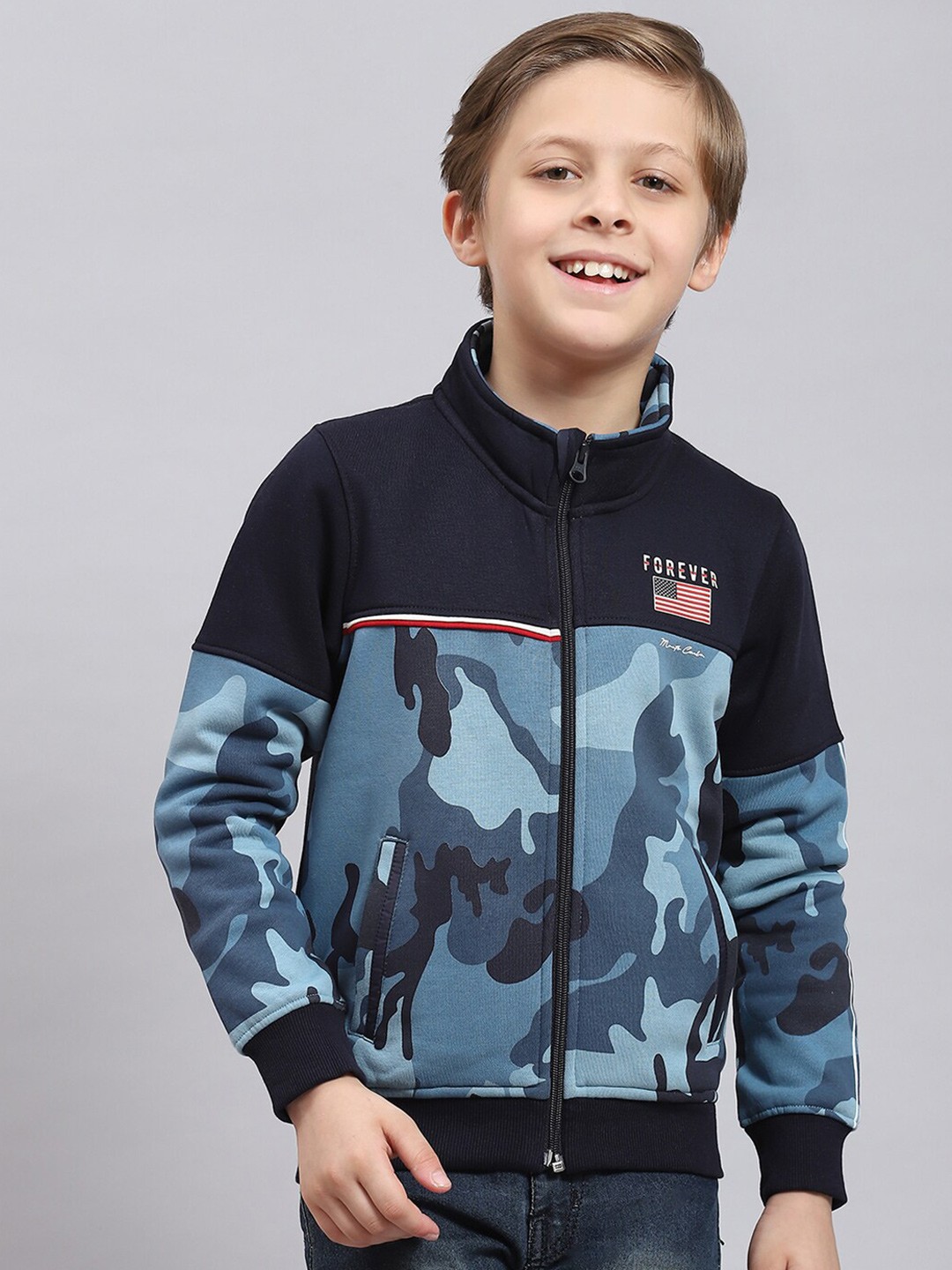 

Monte Carlo Boys Camouflage Printed Mock Collar Front-Open Sweatshirt, Navy blue