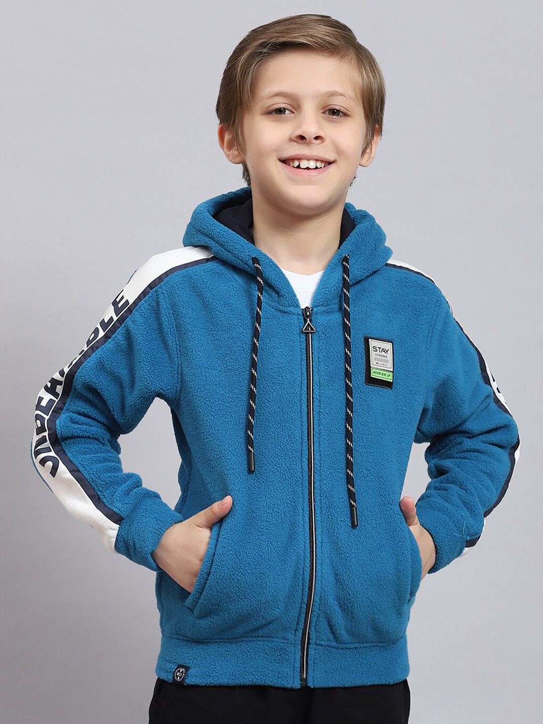 

Monte Carlo Boys Typography Printed Hooded Front-Open Sweatshirt, Blue