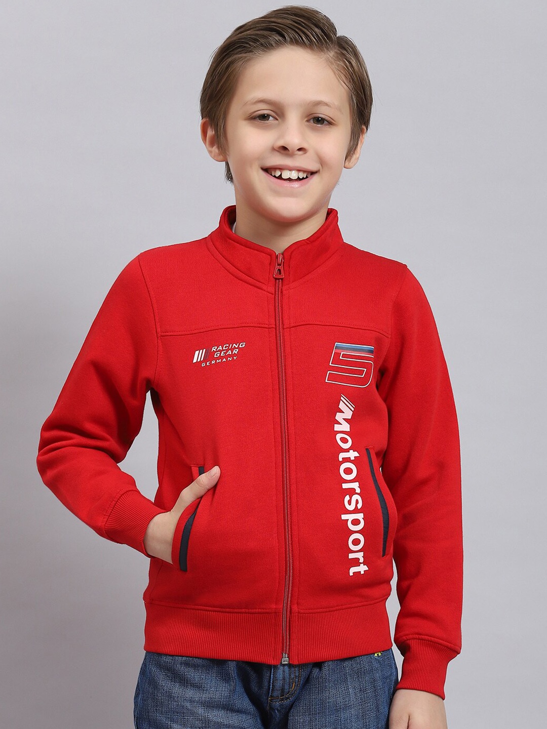 

Monte Carlo Boys Typography Printed Front Open Sweatshirt, Red