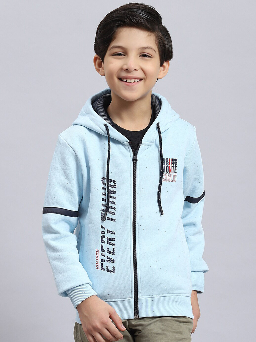 

Monte Carlo Boys Typography Printed Hooded Neck Long Sleeve Front-Open Sweatshirt, Blue