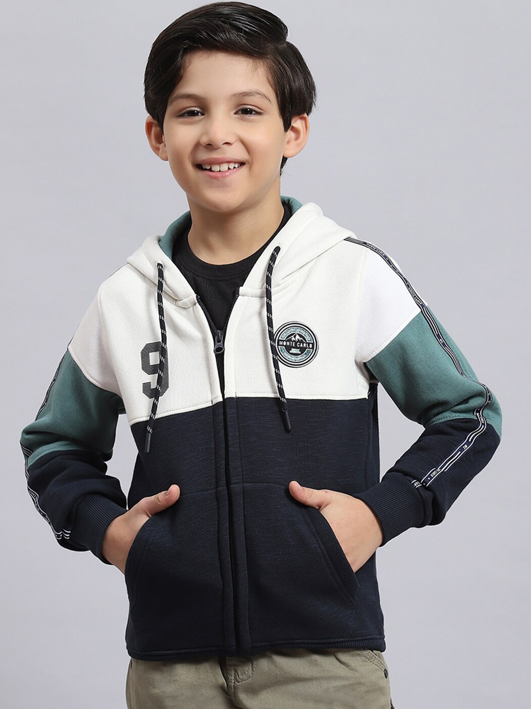 

Monte Carlo Boys Colourblocked Cotton Hooded Front-Open Sweatshirt, Navy blue