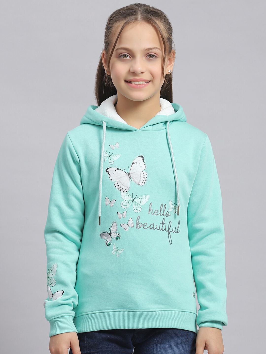 

Monte Carlo Girls Graphic Printed Hooded Cotton Sweatshirt, Turquoise blue