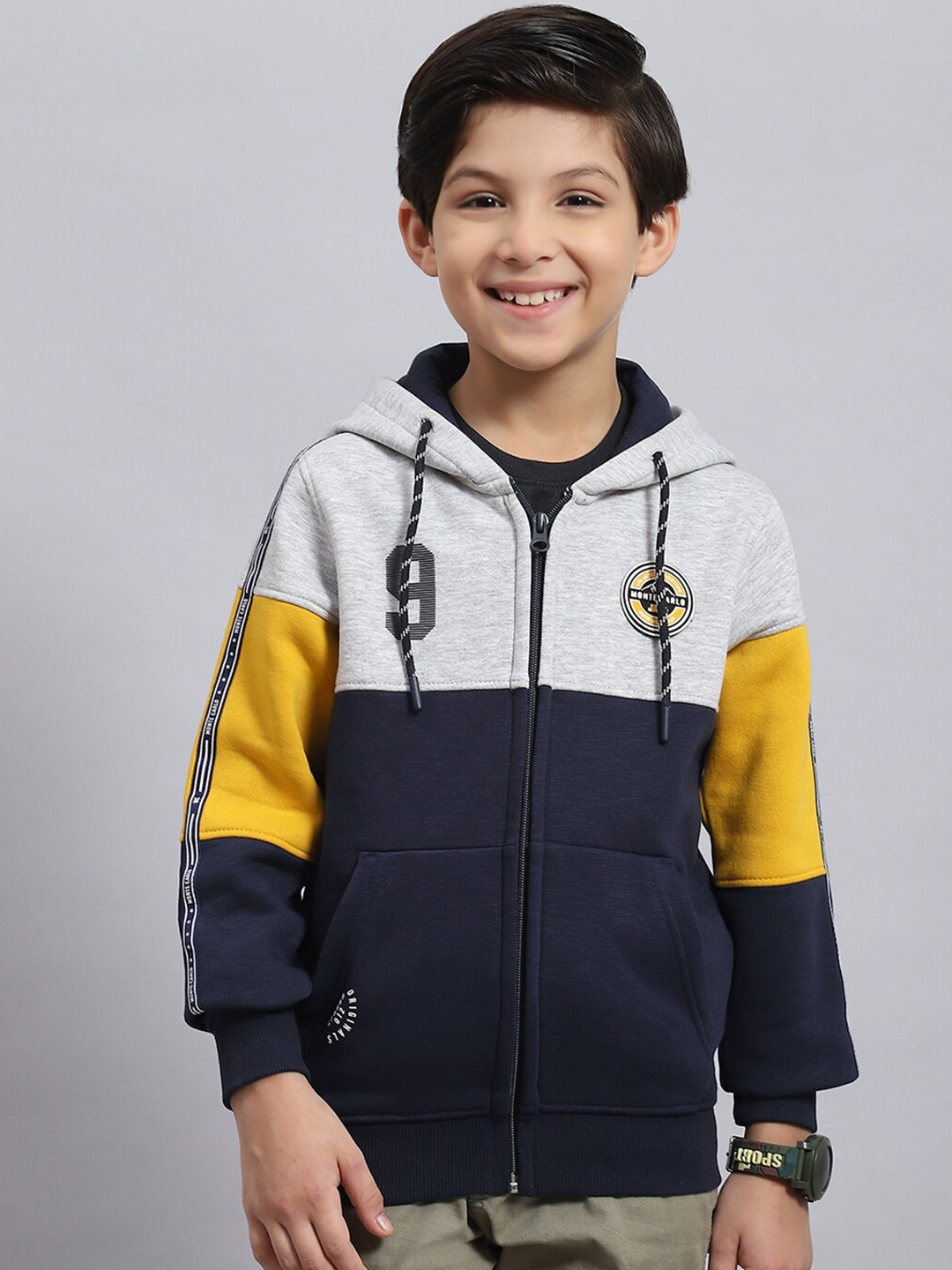 

Monte Carlo Boys Colourblocked Cotton Hooded Front-Open Sweatshirt, Navy blue