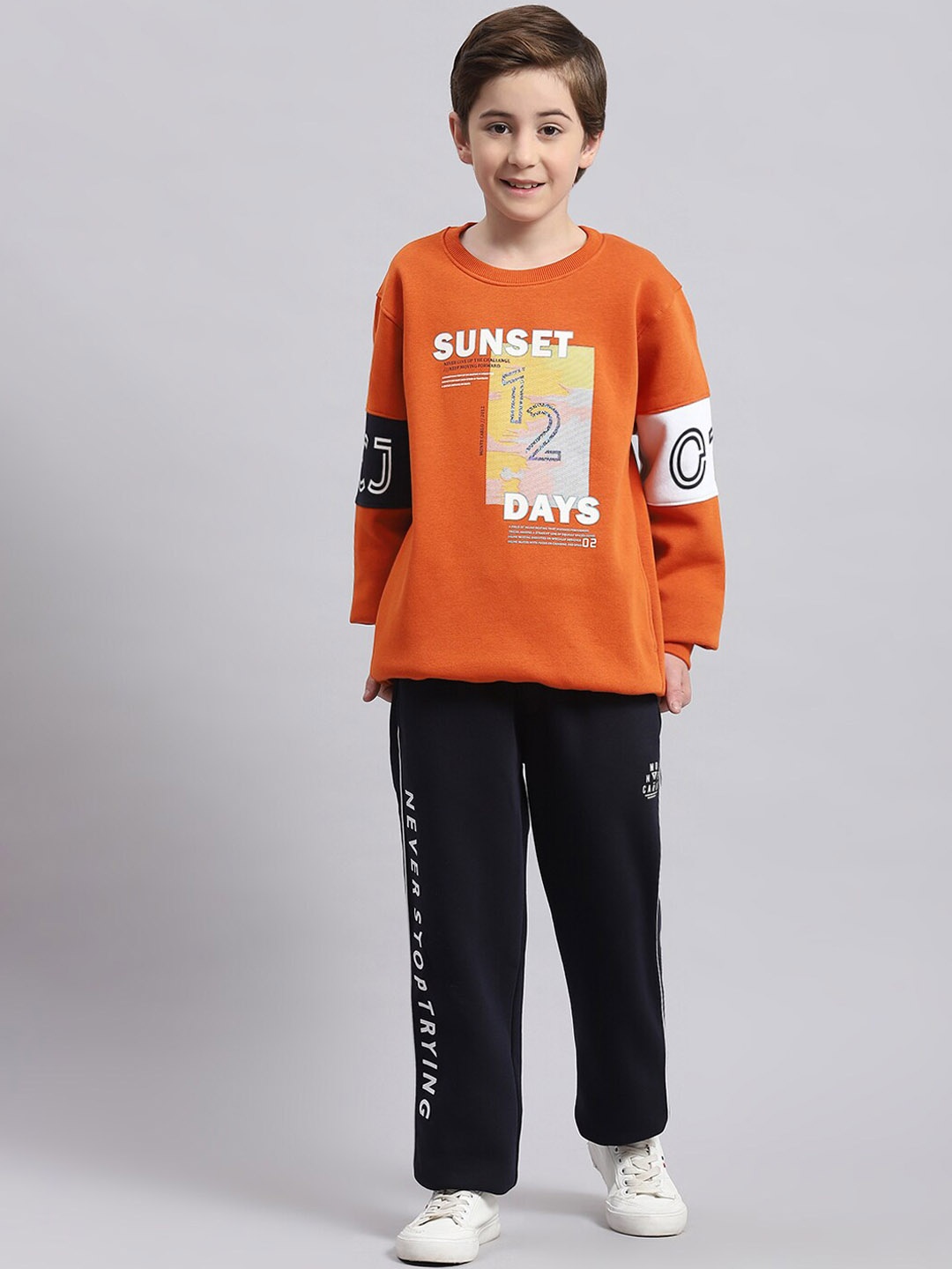 

Monte Carlo Boys Typography Printed Round Neck Cotton Tracksuits, Orange