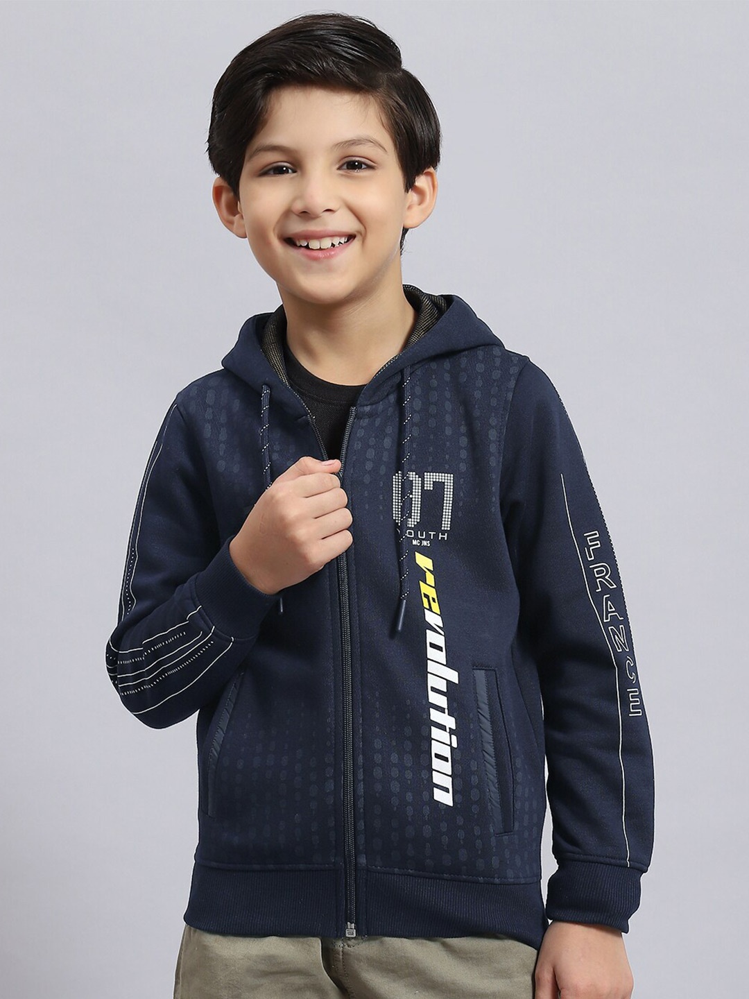 

Monte Carlo Boys Typography Printed Hooded Front-Open Sweatshirt, Navy blue