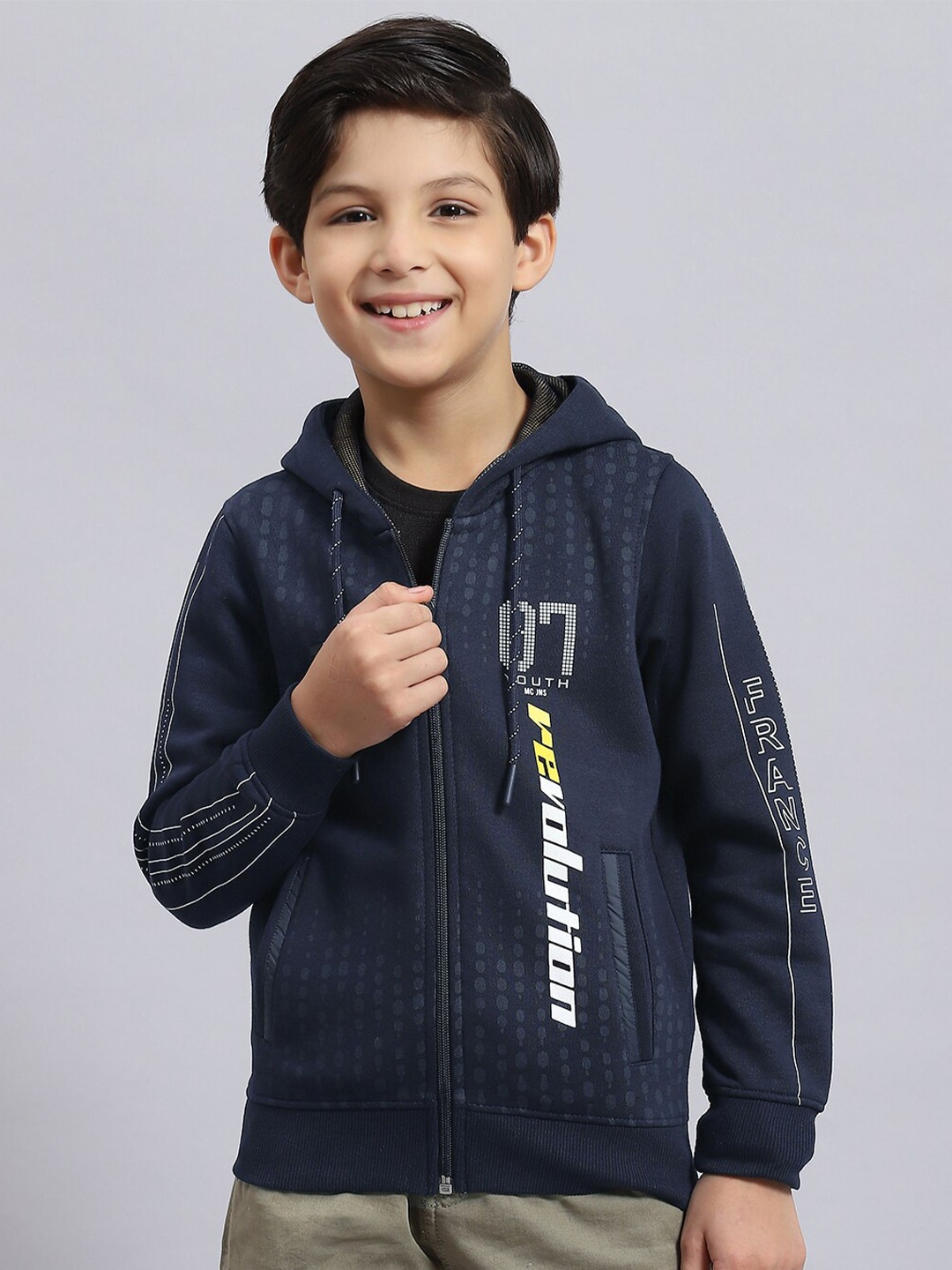 

Monte Carlo Boys Typography Printed Hooded Front-Open Sweatshirt, Navy blue