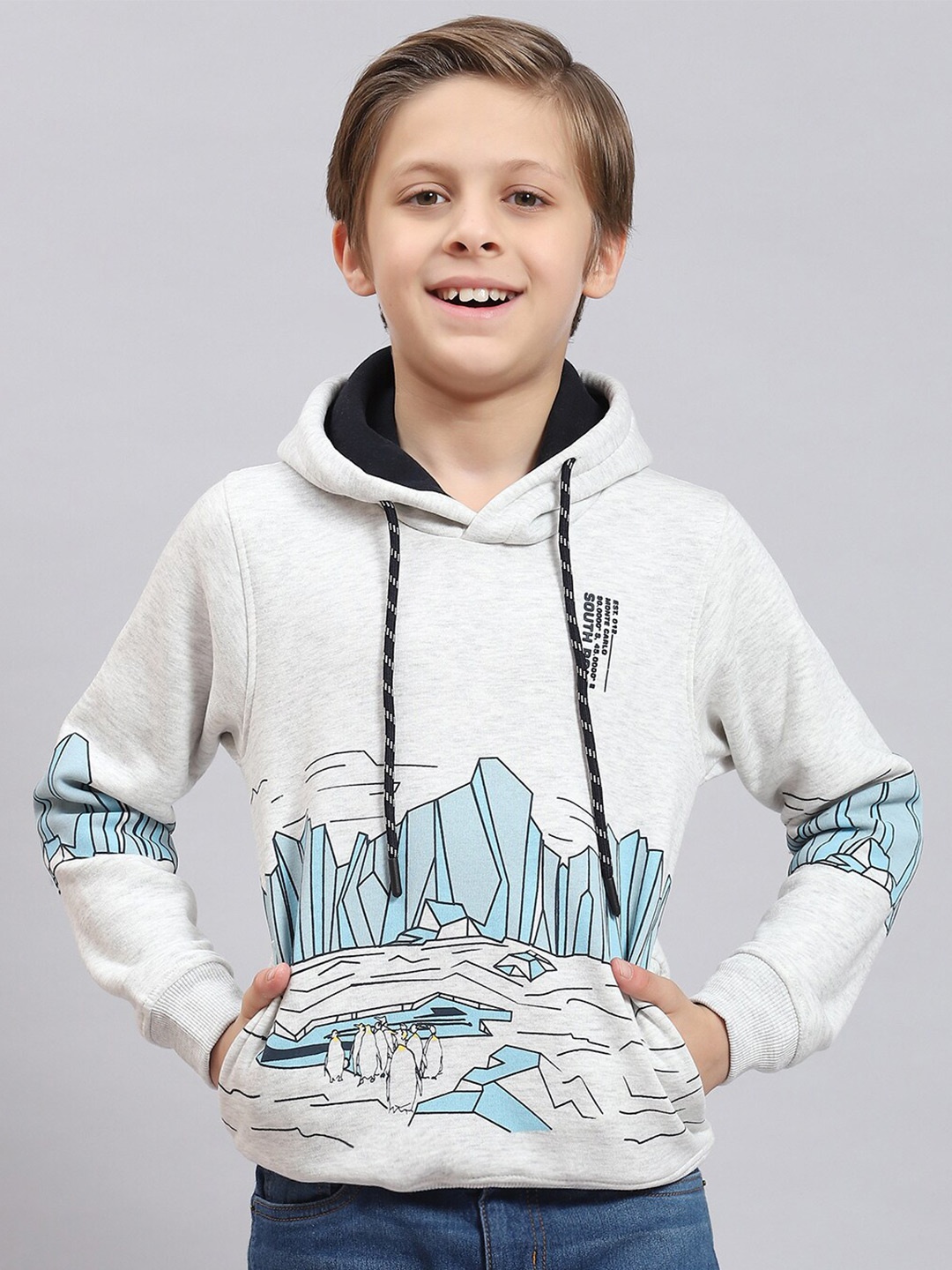 

Monte Carlo Boys Graphic Printed Cotton Hooded Pullover Sweatshirt, Grey melange