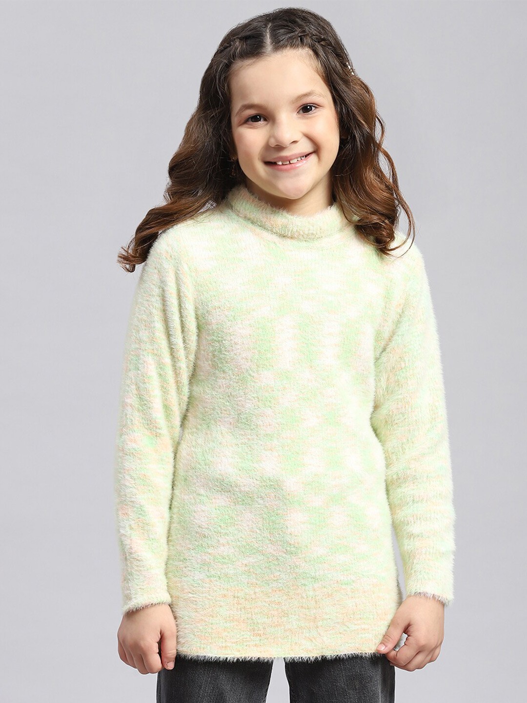 

Monte Carlo Girls Abstract Self Design Turtle Neck Longline Pullover Sweatshirt, Green