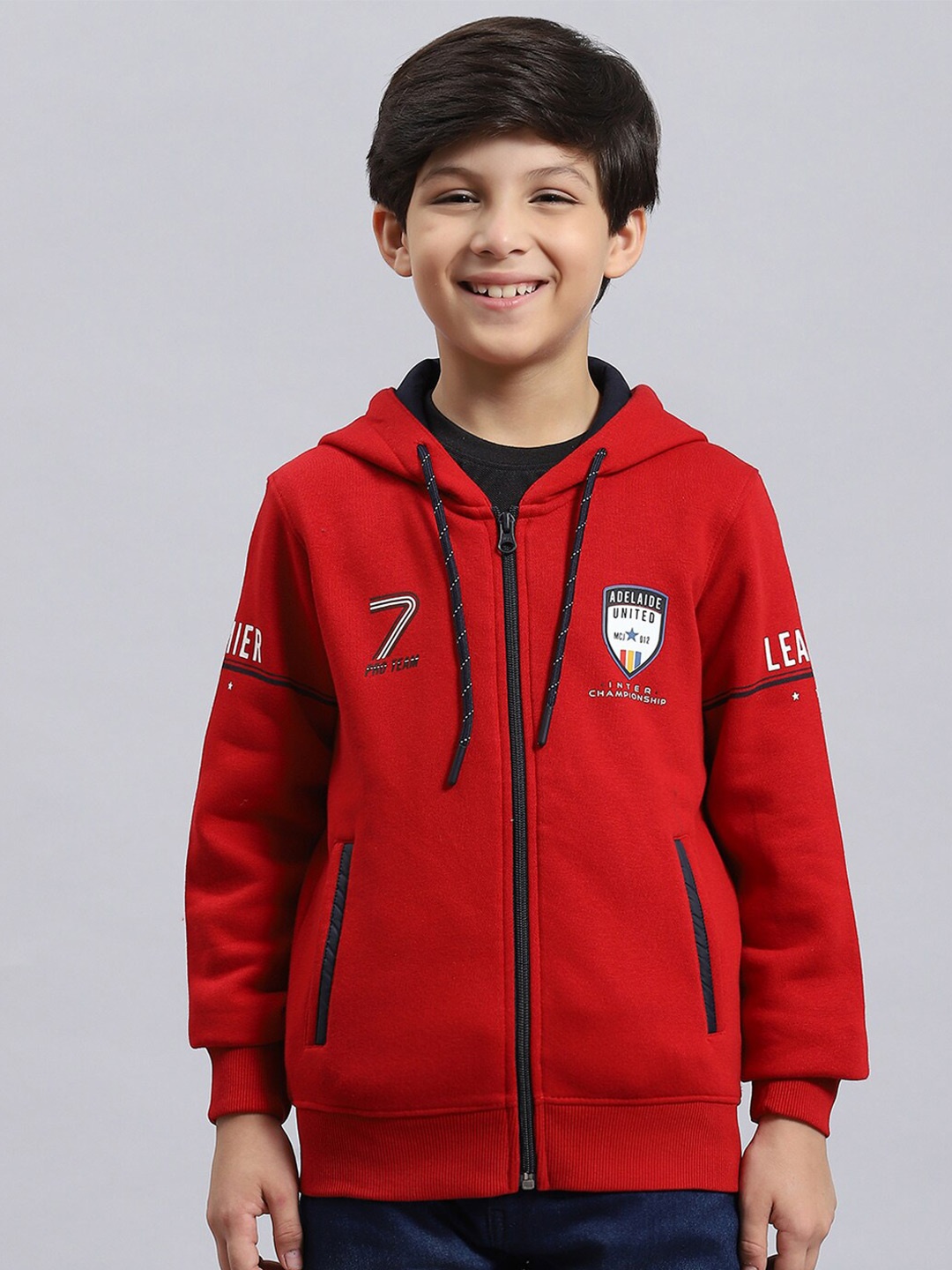 

Monte Carlo Boys Printed Hooded Front Open Sweatshirt, Red