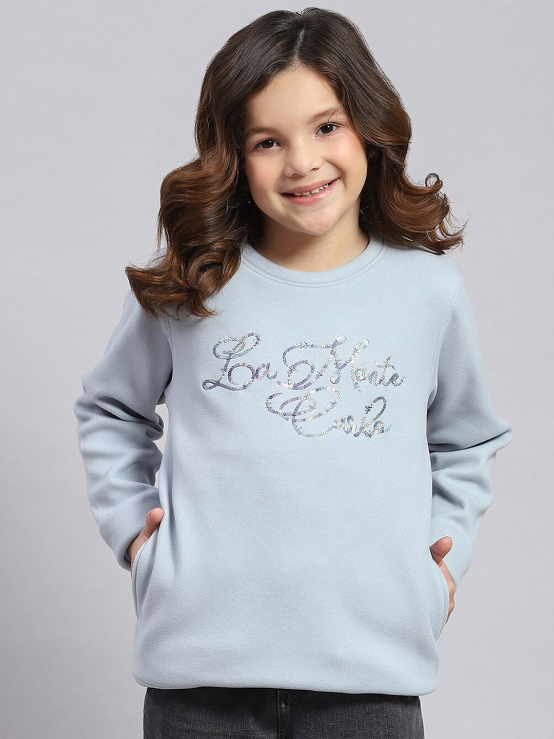 

Monte Carlo Girls Typography Embroidered Sequinned Pullover Sweatshirt, Blue