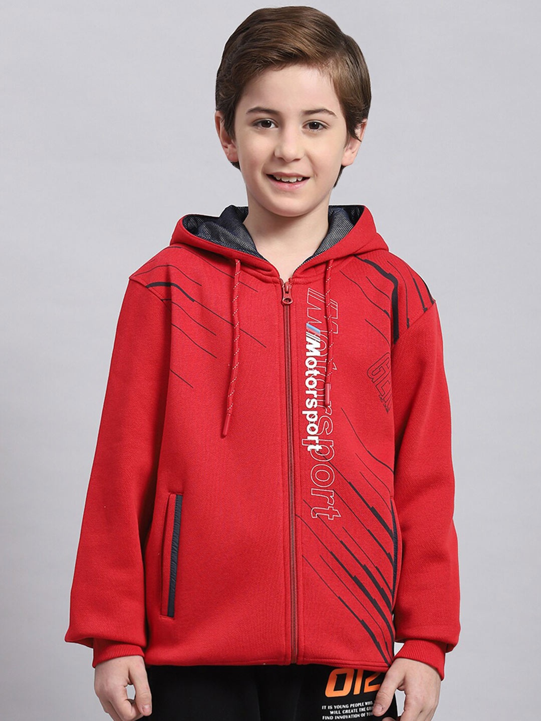 

Monte Carlo Boys Typography Printed Hooded Front-Open Sweatshirt, Red