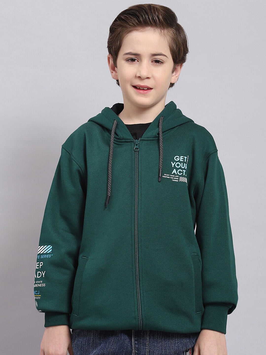 

Monte Carlo Boys Typography Printed Cotton Hooded Front-Open Sweatshirt, Green