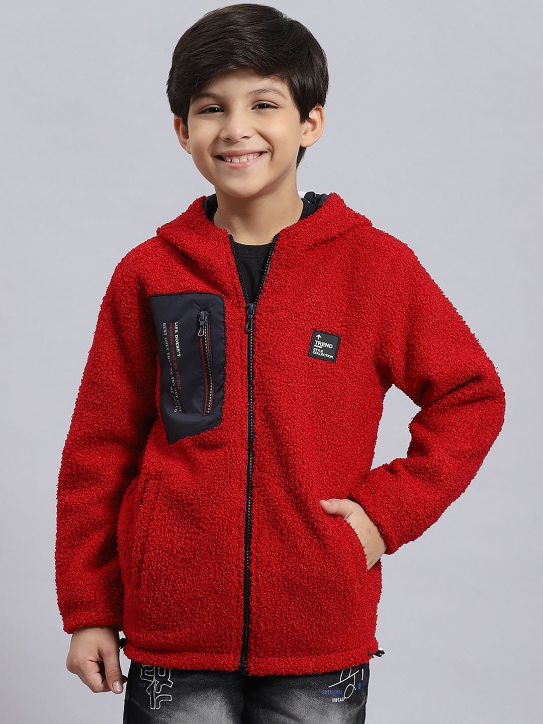

Monte Carlo Boys Hooded Lightweight Cotton Open Front Jacket, Red