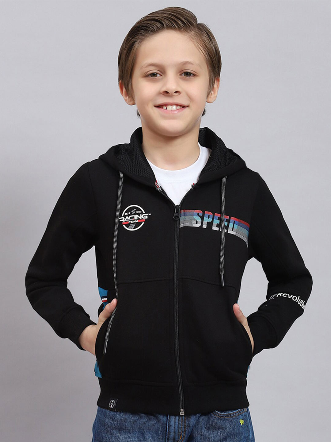 

Monte Carlo Boys Typography Printed Hooded Front-Open Sweatshirt, Black