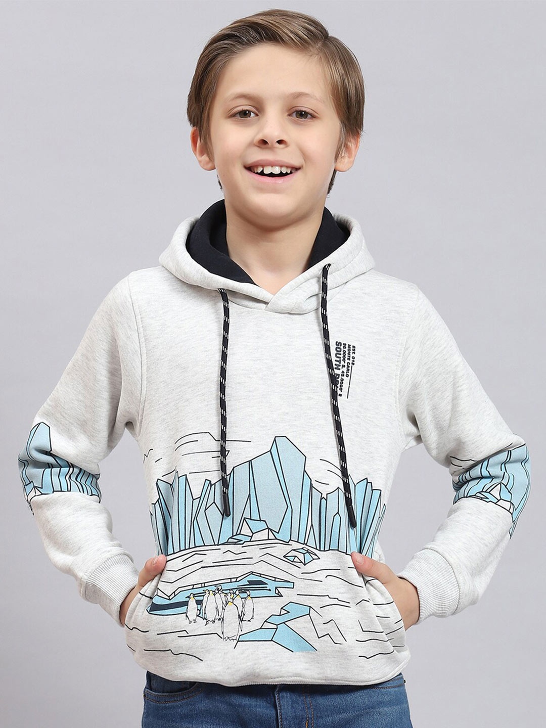 

Monte Carlo Boys Graphic Printed Hooded Pullover, Grey melange