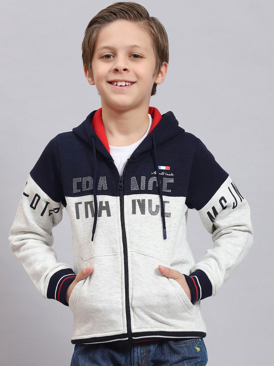 

Monte Carlo Boys Colourblocked Hooded Front-Open Sweatshirt, Off white